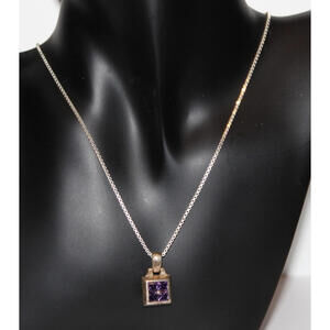 Vintage 925 Italy Sterling Silver Amethyst Square Pendant Necklace 18” Box Chain